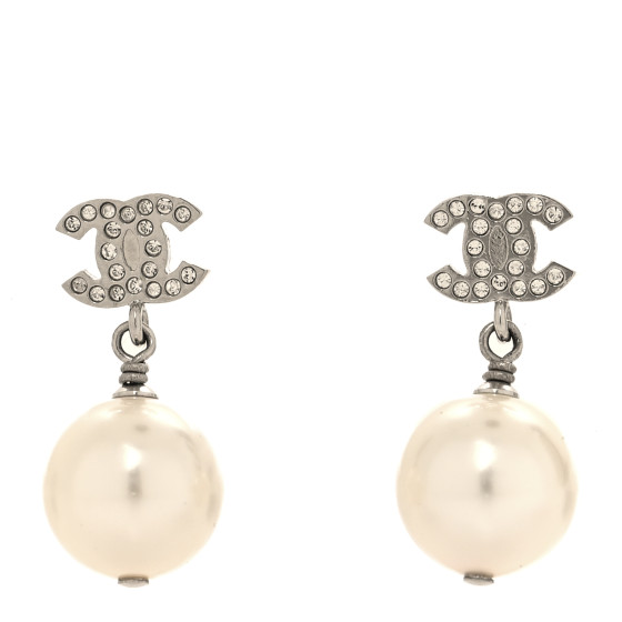 Crystal Pearl CC Drop Earrings Silver Pearly White