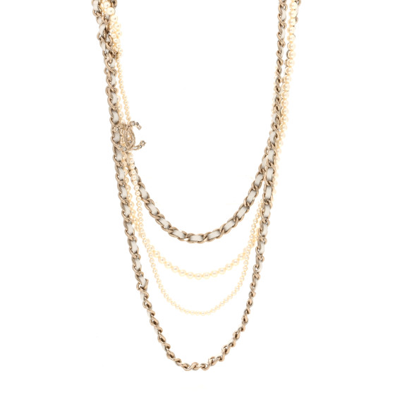 Pearl Crystal Lambskin Multi Strand CC Necklace Pearly White