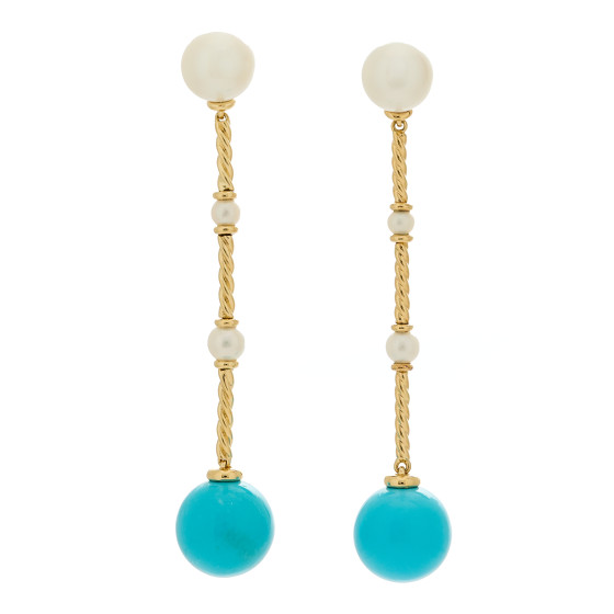18K Yellow Gold Turquoise Pearl Drop Earrings