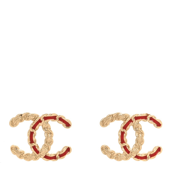 Enamel Metal Chain French New Wave CC Earrings Red Gold