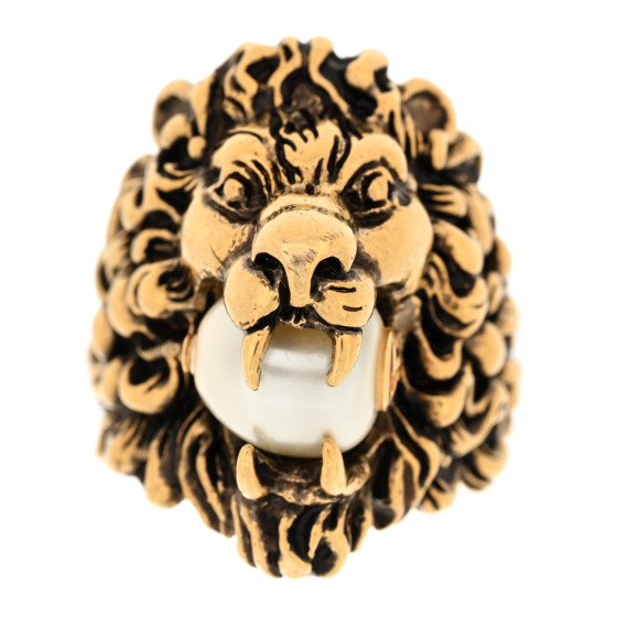 Metal Glass Pearl Lion Head Ring 10.25 53/6.25 Aged Gold