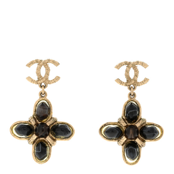 Resin CC Flower Drop Earrings Gold Black