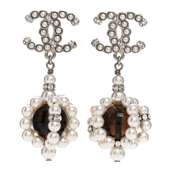 Crystal Pearl Bead CC Drop Earrings Silver Black