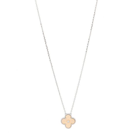 18K White Rose Gold Diamond Guilloche Vintage Alhambra Pendant Necklace