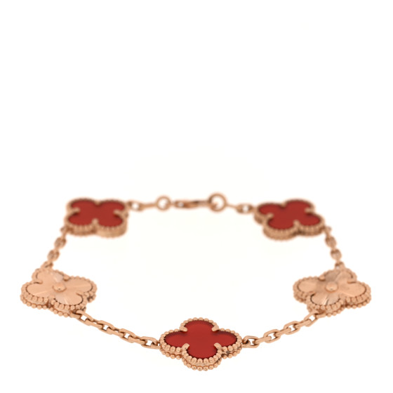 18K Rose Gold Carnelian 5 Motifs Guilloche Vintage Alhambra Bracelet