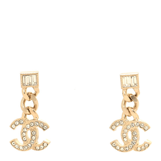 Metal Crystal Baguette CC Chain Drop Earrings Gold