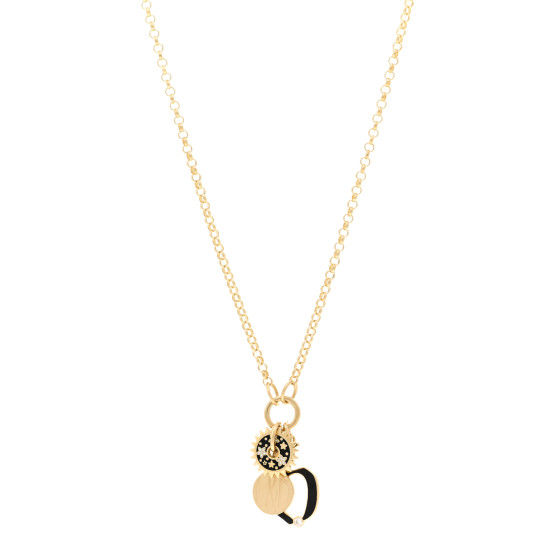 18K Yellow Gold Diamond Enamel Blossom Disc Letter Belcher Chain Necklace