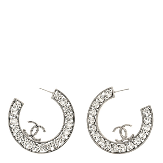 Metal Crystal CC XL Hoop Earrings Silver
