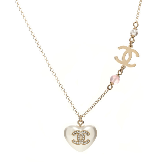 Resin Crystal CC Heart Necklace Pearly White Gold
