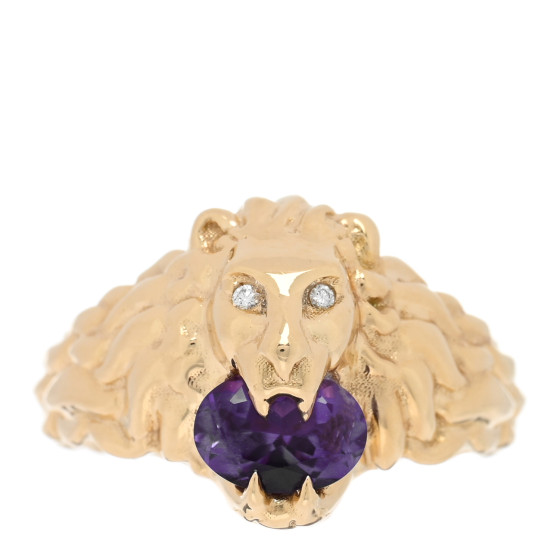 18K Yellow Gold Diamond Amethyst Lion Head Ring