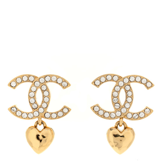 Metal Crystal CC Heart Drop Earrings Gold