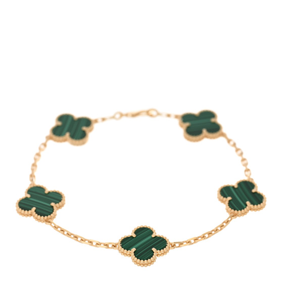 18K Yellow Gold Malachite 5 Motifs Vintage Alhambra Bracelet