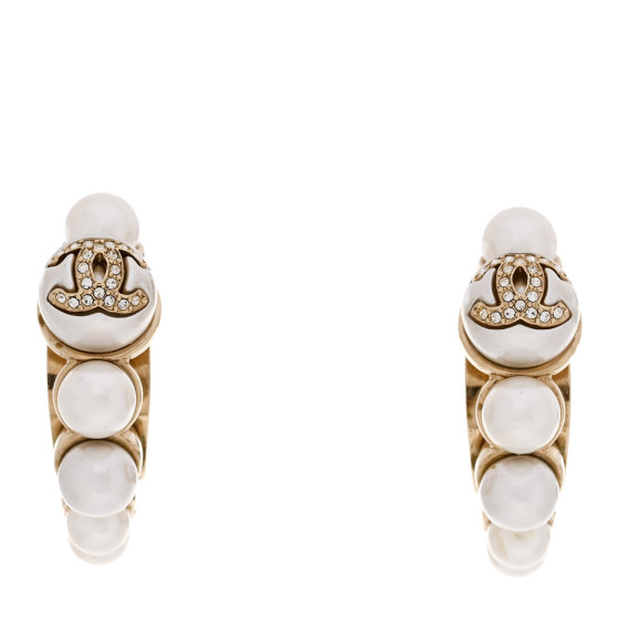 Crystal Pearl CC Hoop Earrings Gold White