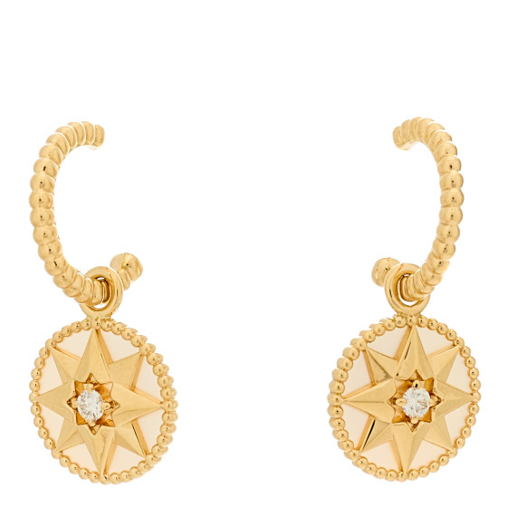 18K Yellow Gold Diamond Mother of Pearl Rose Des Vents Drop Earrings