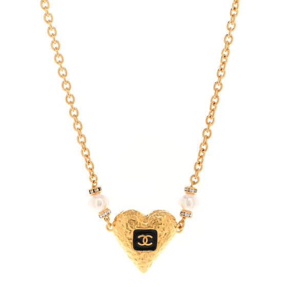 Resin Crystal Pearl Chain Heart CC Pendant Choker Necklace Black White Gold
