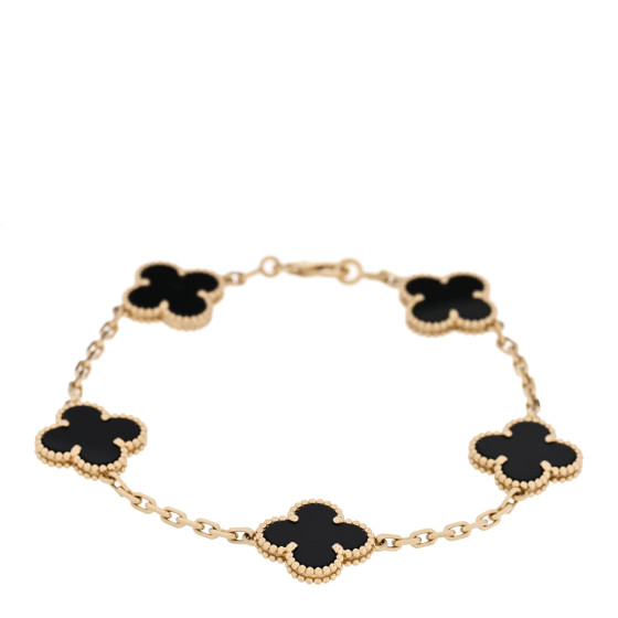 18K Yellow Gold Black Onyx 5 Motifs Vintage Alhambra Bracelet