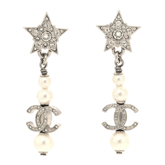 Crystal Pearl CC Star Drop Earrings Silver