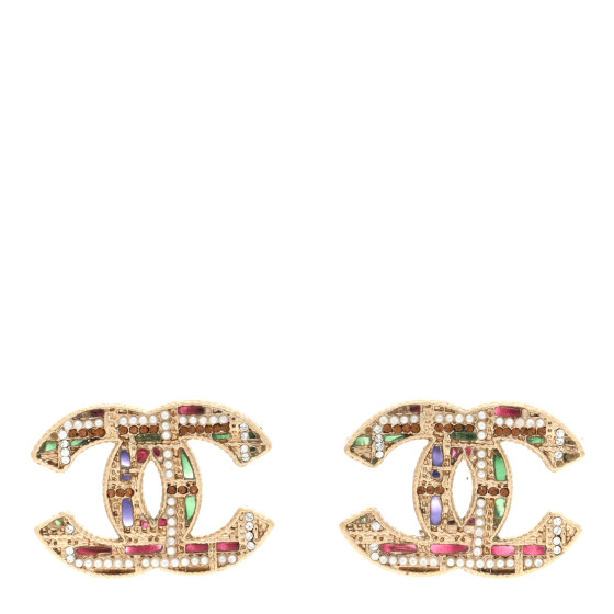 Resin Crystal Pearl Tweed Effect CC Earrings Gold Multicolor