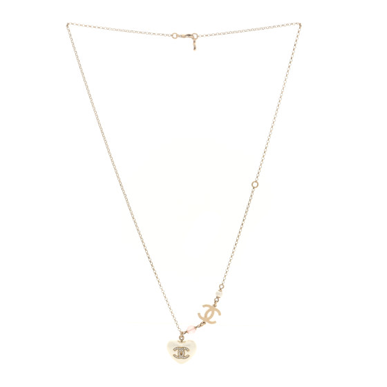 Resin Crystal CC Heart Necklace Pearly White Gold