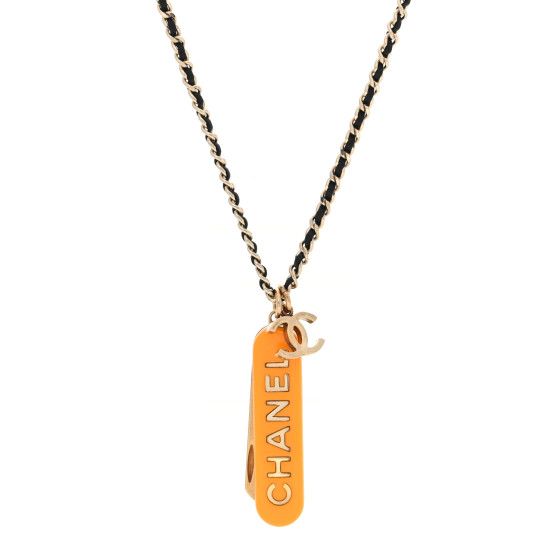 Metal Lambskin Chain CC Comb Necklace Gold Orange Black