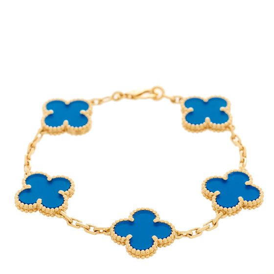 18K Yellow Gold Blue Agate 5 Motifs Vintage Alhambra Bracelet