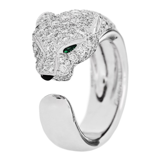 18K White Gold Diamond Black Onyx Emerald Panthere De Cartier Ring 50 5.5