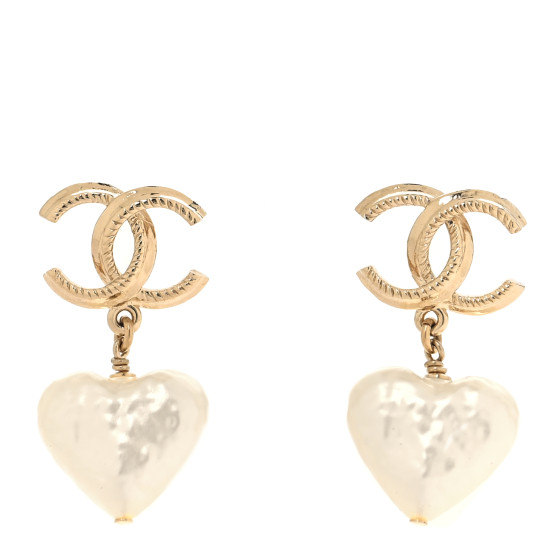 Pearl CC Heart Drop Earrings Gold