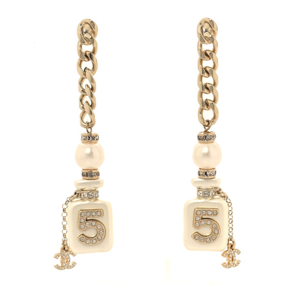 Pearl Resin Crystal CC No 5 Perfume Bottle Chain Drop Earrings Gold Pearly White