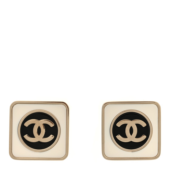 Metal Enamel CC Square Earrings Gold White Black