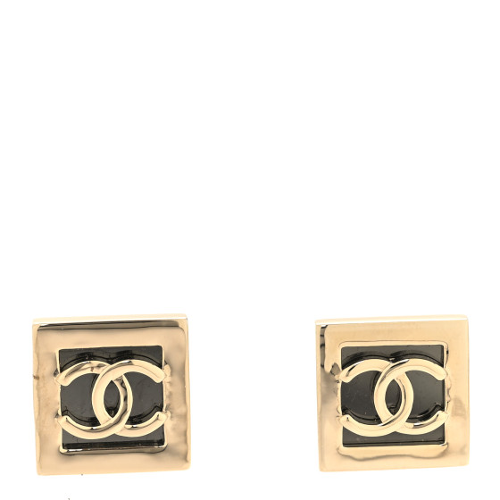 Metal Enamel CC Square Earrings Gold Black