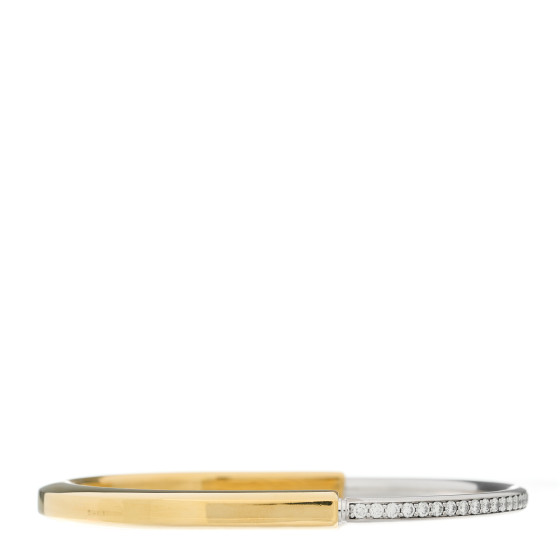 18K Yellow White Gold Diamond Tiffany Lock Half Pave Bangle Bracelet