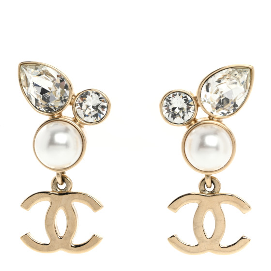 Pearl Crystal CC Drop Earrings Gold