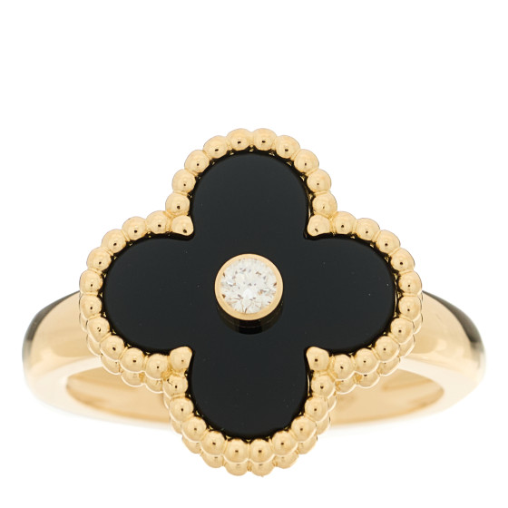 18K Yellow Gold Black Onyx Diamond Vintage Alhambra Ring 53 6.5