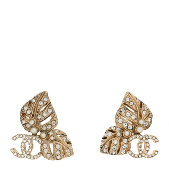 Crystal Pearl CC Leaf Earrings Gold