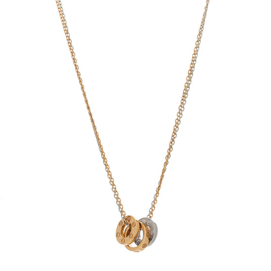 18K White Pink Gold Diamond Three Ring LOVE Pendant Necklace