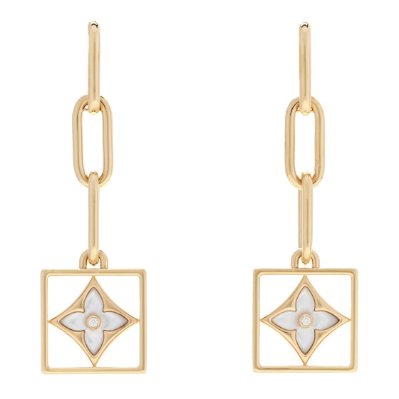 18K Yellow Gold Diamond Mother of Pearl Color Blossom Drop Earrings
