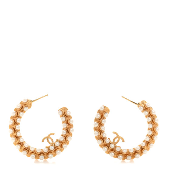Metal Pearl CC Hoop Earrings Gold