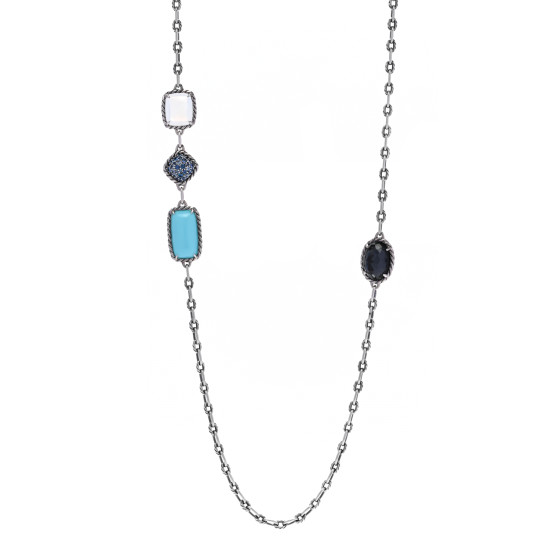 Sterling Silver Blue Sapphire Blue Topaz Doublet Milky Quartz Turquoise Chatelaine Long Necklace