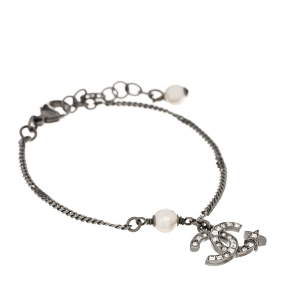 Metal Pearl Crystal Baguette CC Star Bracelet Silver