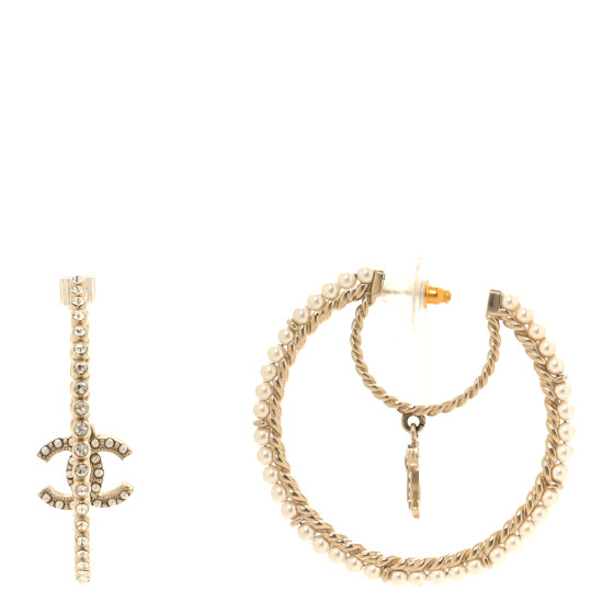 Crystal Pearl CC Drop Hoop Earrings Gold Pearly White
