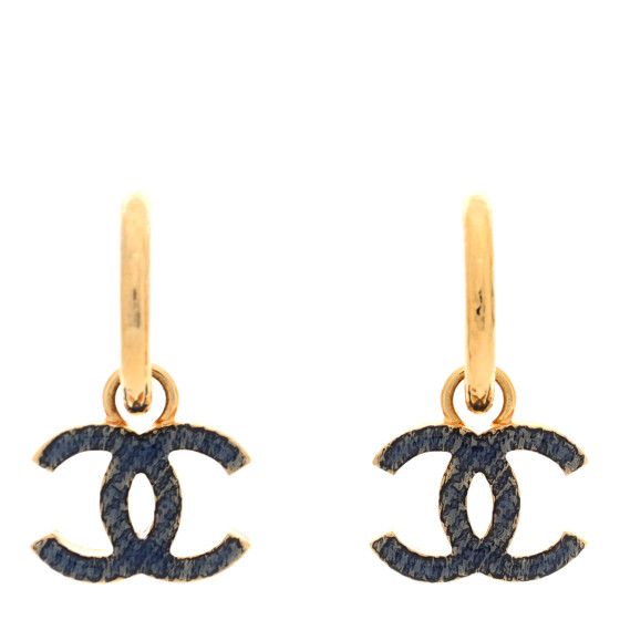 Metal Enamel CC Hoop Earrings Gold Denim Blue