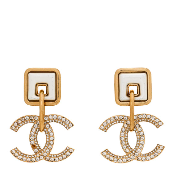 Crystal Pearl CC Square Drop Earrings Gold Pearly White