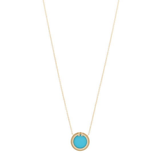 18K Yellow Gold Diamond Turquoise T Circle Pendant Necklace