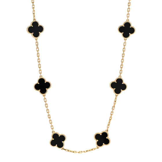 18K Yellow Gold Black Onyx 10 Motifs Vintage Alhambra Necklace