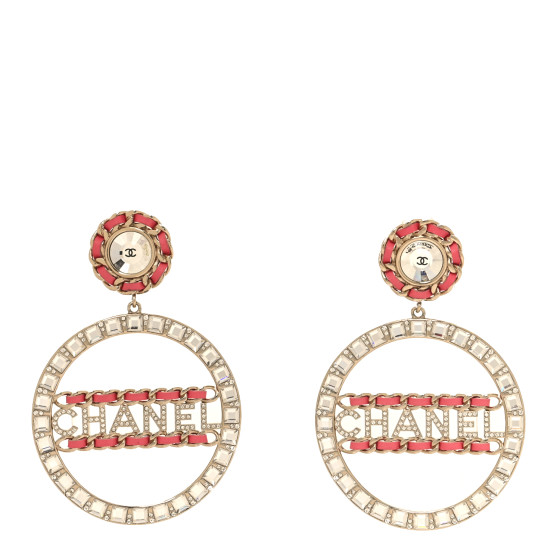 Crystal Lambskin Chain CC Hoop Clip On Earrings Pink Gold