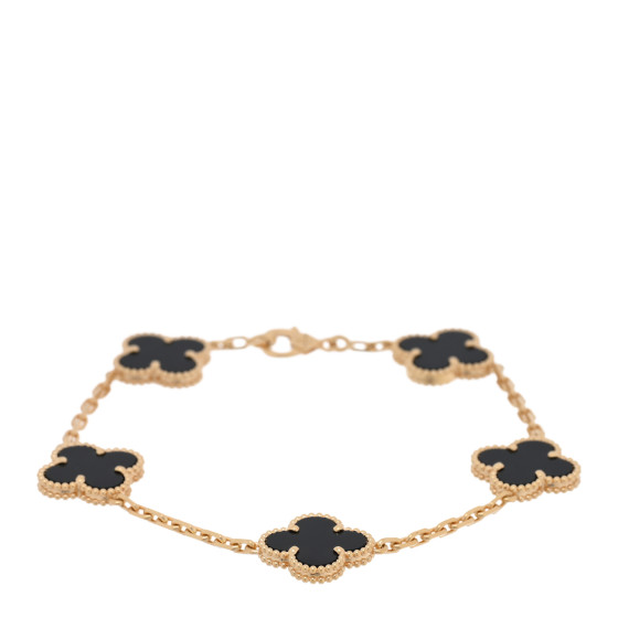 18K Yellow Gold Black Onyx 5 Motifs Vintage Alhambra Bracelet