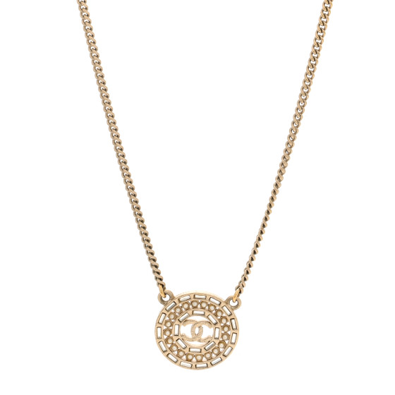 Pearl Baguette Crystal CC Medallion Necklace Gold