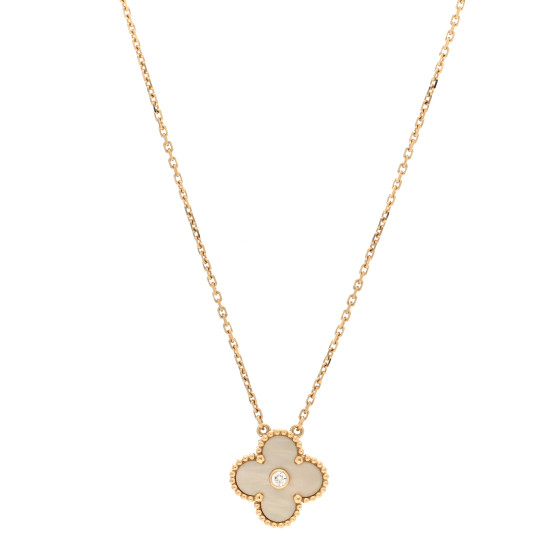 18K Yellow Gold Diamond Yellow Mother of Pearl Vintage Alhambra Pendant Necklace