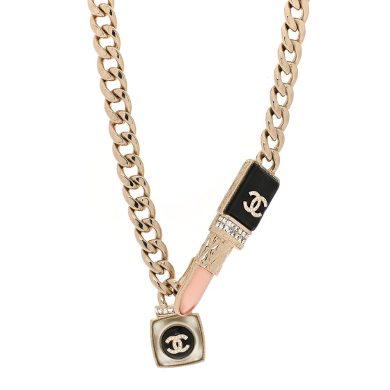 Metal Strass Pearl Lipstick Necklace Pink Gold