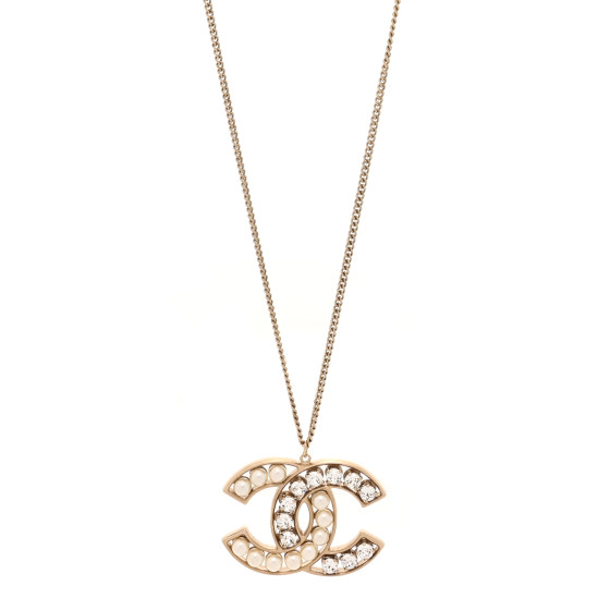 Crystal Pearl CC Pendant Necklace Gold